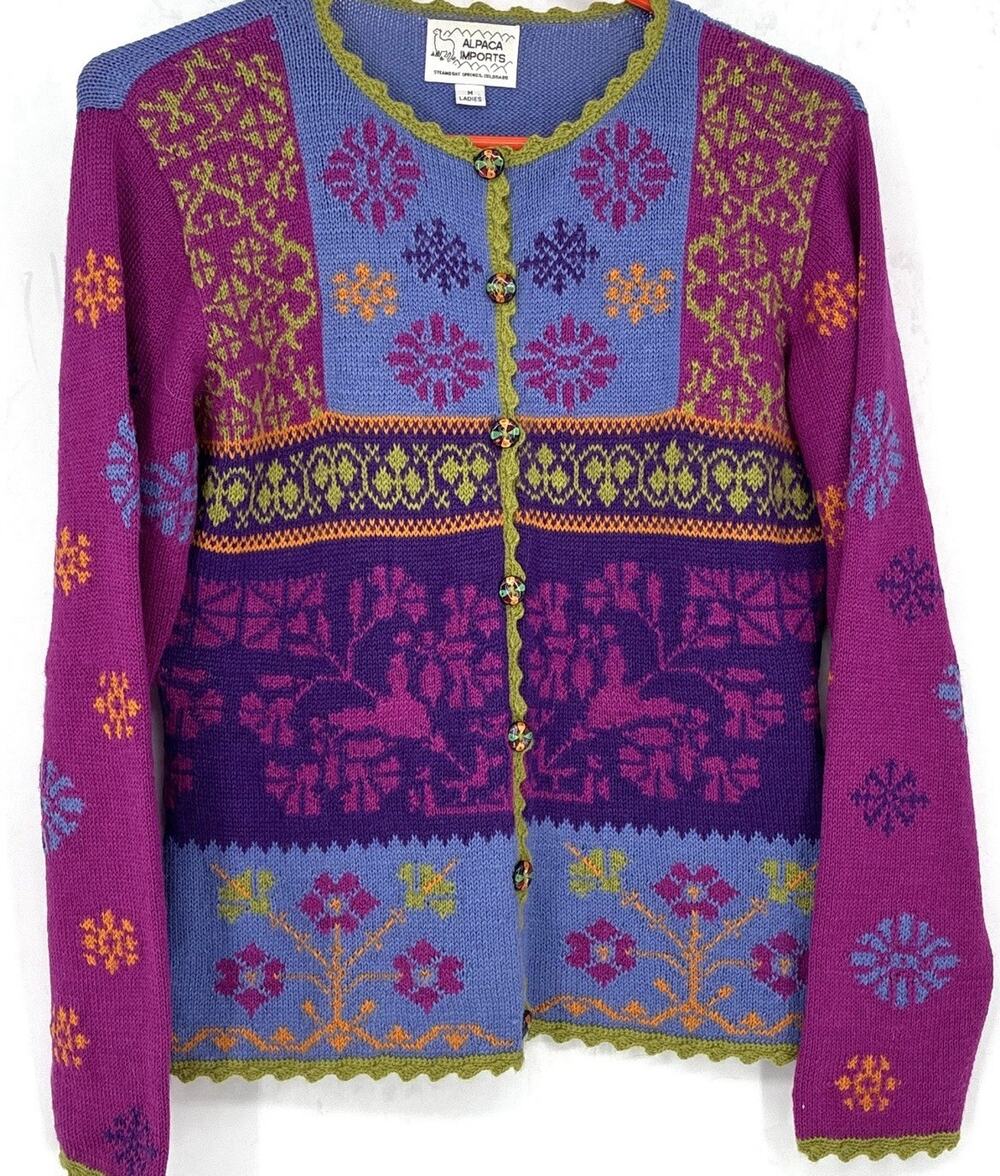 Handmade Peruvian Alpaca Wool Cardigan Folk Art Fair Isle Sweater Medium